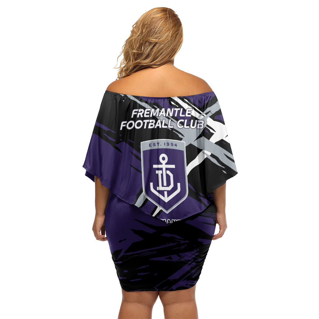 Fremantle Football Club Off Shoulder Short Dress Dockers Muscular Mascot Graphic - Abstract Paint Splatter Art