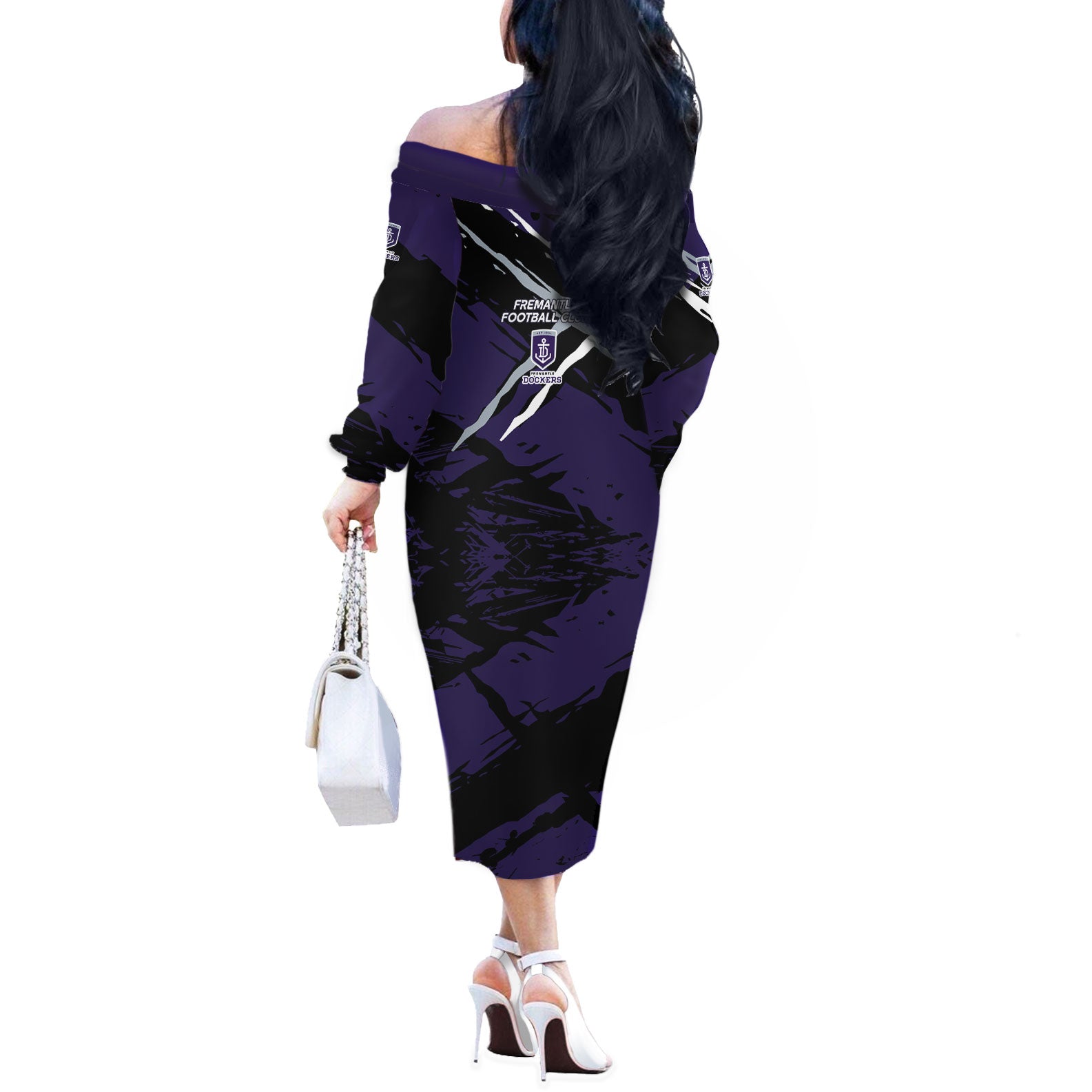 Fremantle Football Club Off The Shoulder Long Sleeve Dress Dockers Muscular Mascot Graphic - Abstract Paint Splatter Art