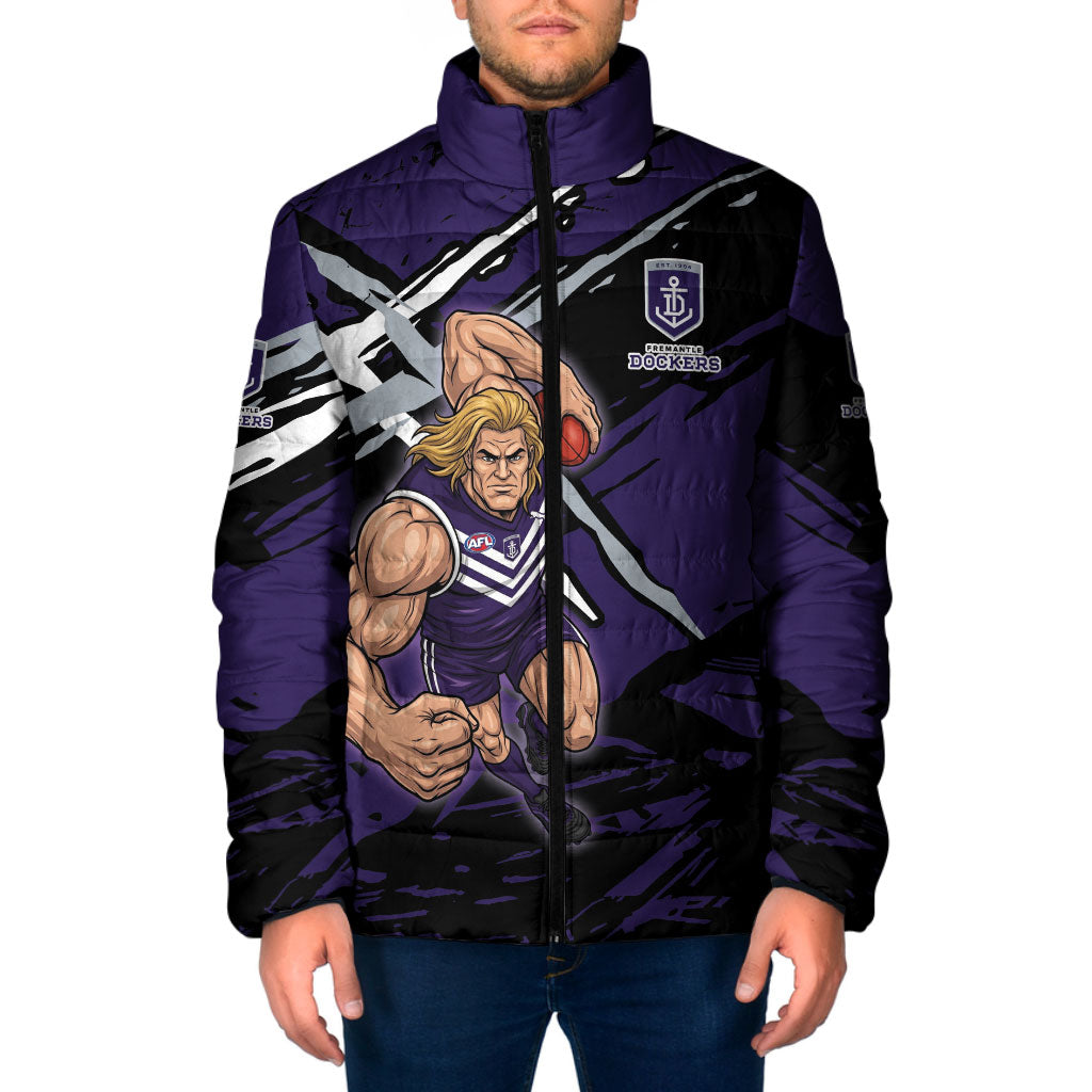 Fremantle Football Club Padded Jacket Dockers Muscular Mascot Graphic - Abstract Paint Splatter Art
