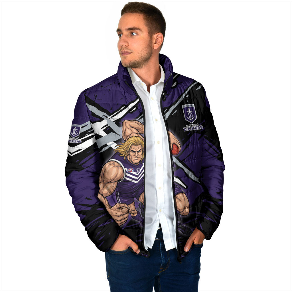 Fremantle Football Club Padded Jacket Dockers Muscular Mascot Graphic - Abstract Paint Splatter Art