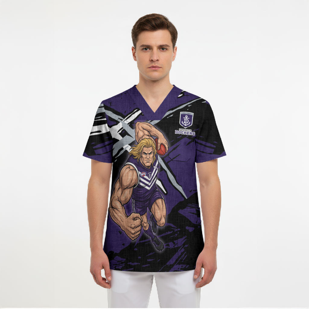 Fremantle Football Club Scrub Top Dockers Muscular Mascot Graphic - Abstract Paint Splatter Art