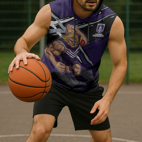 Fremantle Football Club Sleeveless Hoodie Dockers Muscular Mascot Graphic - Abstract Paint Splatter Art