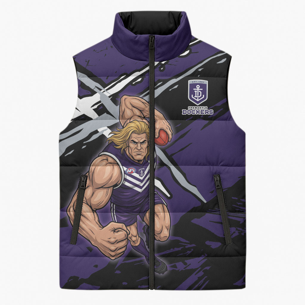 Fremantle Football Club Sleeveless Puffer Jacket Dockers Muscular Mascot Graphic - Abstract Paint Splatter Art