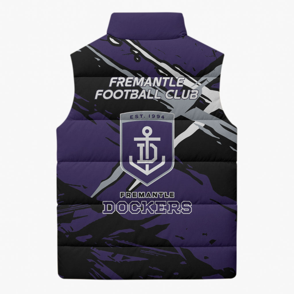 Fremantle Football Club Sleeveless Puffer Jacket Dockers Muscular Mascot Graphic - Abstract Paint Splatter Art