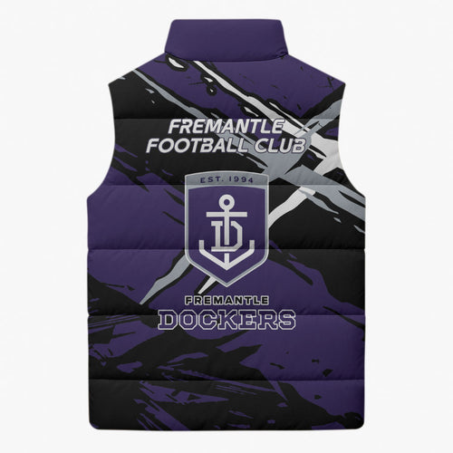 Fremantle Football Club Sleeveless Puffer Jacket Dockers Muscular Mascot Graphic - Abstract Paint Splatter Art