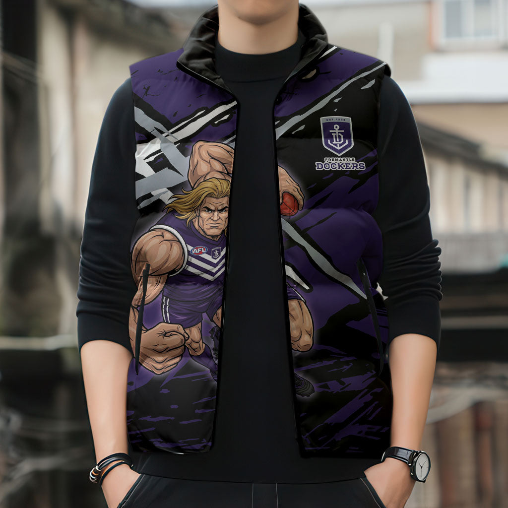 Fremantle Football Club Sleeveless Puffer Jacket Dockers Muscular Mascot Graphic - Abstract Paint Splatter Art