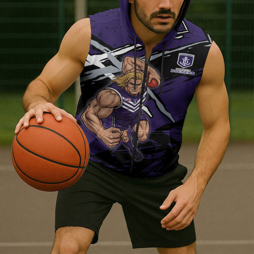 Fremantle Football Club Sleeveless Zip Hoodie Dockers Muscular Mascot Graphic - Abstract Paint Splatter Art