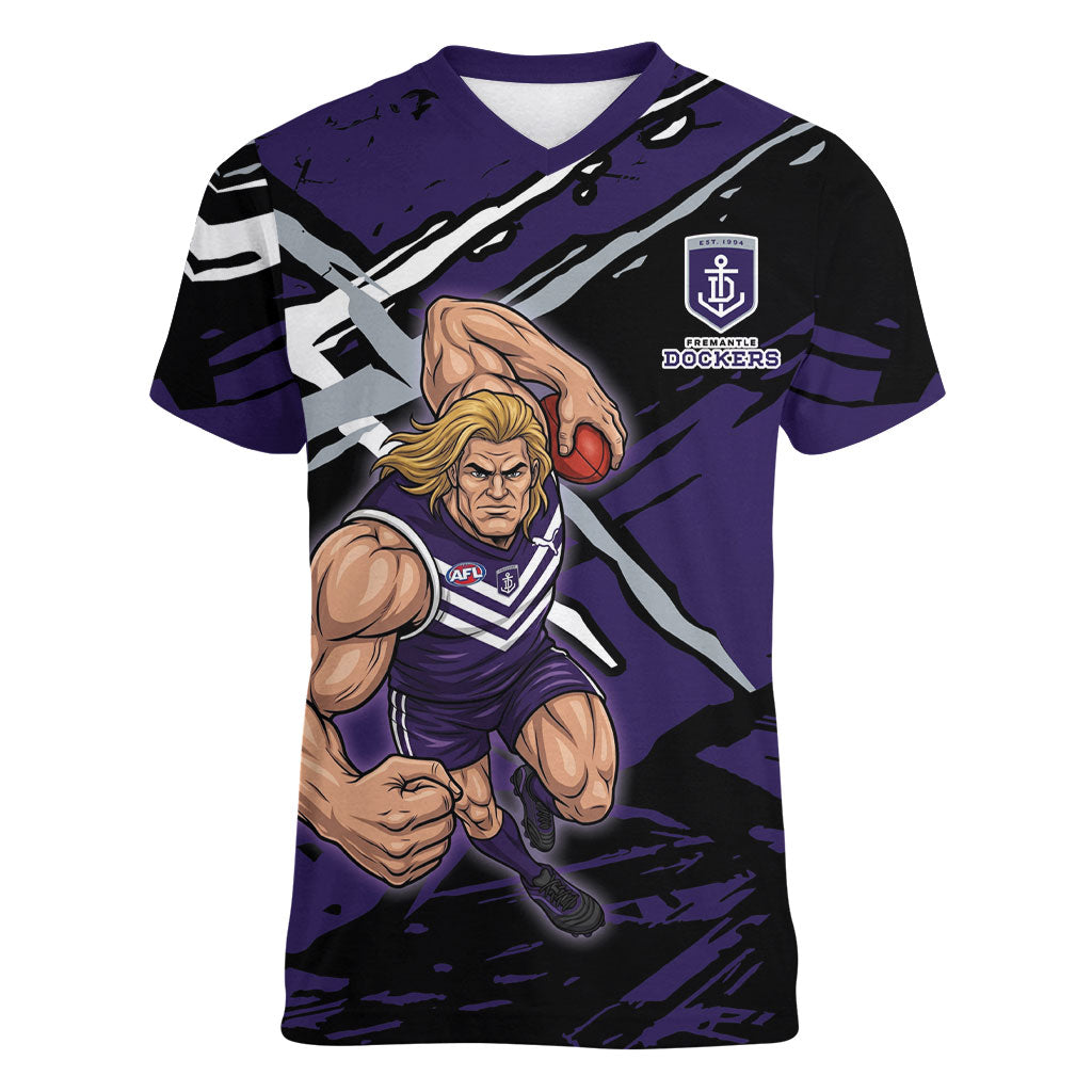 Fremantle Football Club Women V-Neck T-Shirt Dockers Muscular Mascot Graphic - Abstract Paint Splatter Art