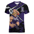 Fremantle Football Club Women V-Neck T-Shirt Dockers Muscular Mascot Graphic - Abstract Paint Splatter Art