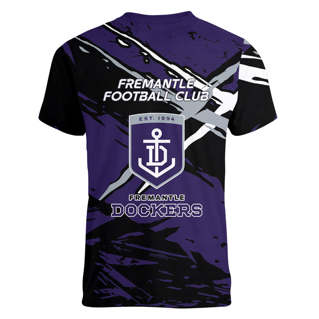 Fremantle Football Club Women V-Neck T-Shirt Dockers Muscular Mascot Graphic - Abstract Paint Splatter Art