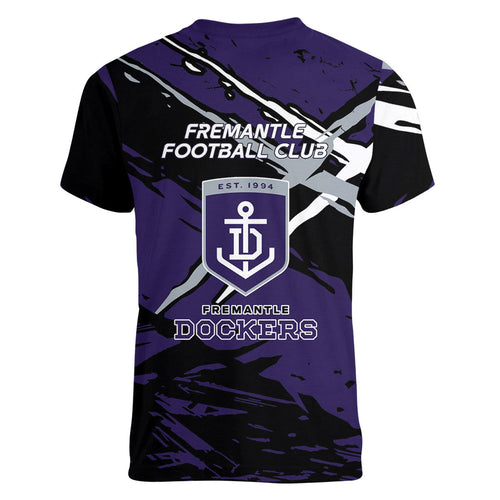 Fremantle Football Club Women V-Neck T-Shirt Dockers Muscular Mascot Graphic - Abstract Paint Splatter Art