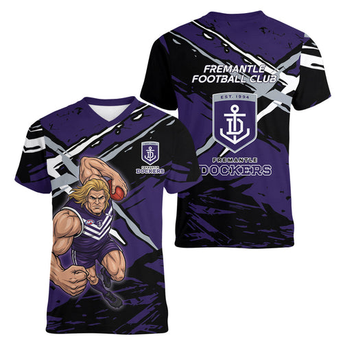 Fremantle Football Club Women V-Neck T-Shirt Dockers Muscular Mascot Graphic - Abstract Paint Splatter Art