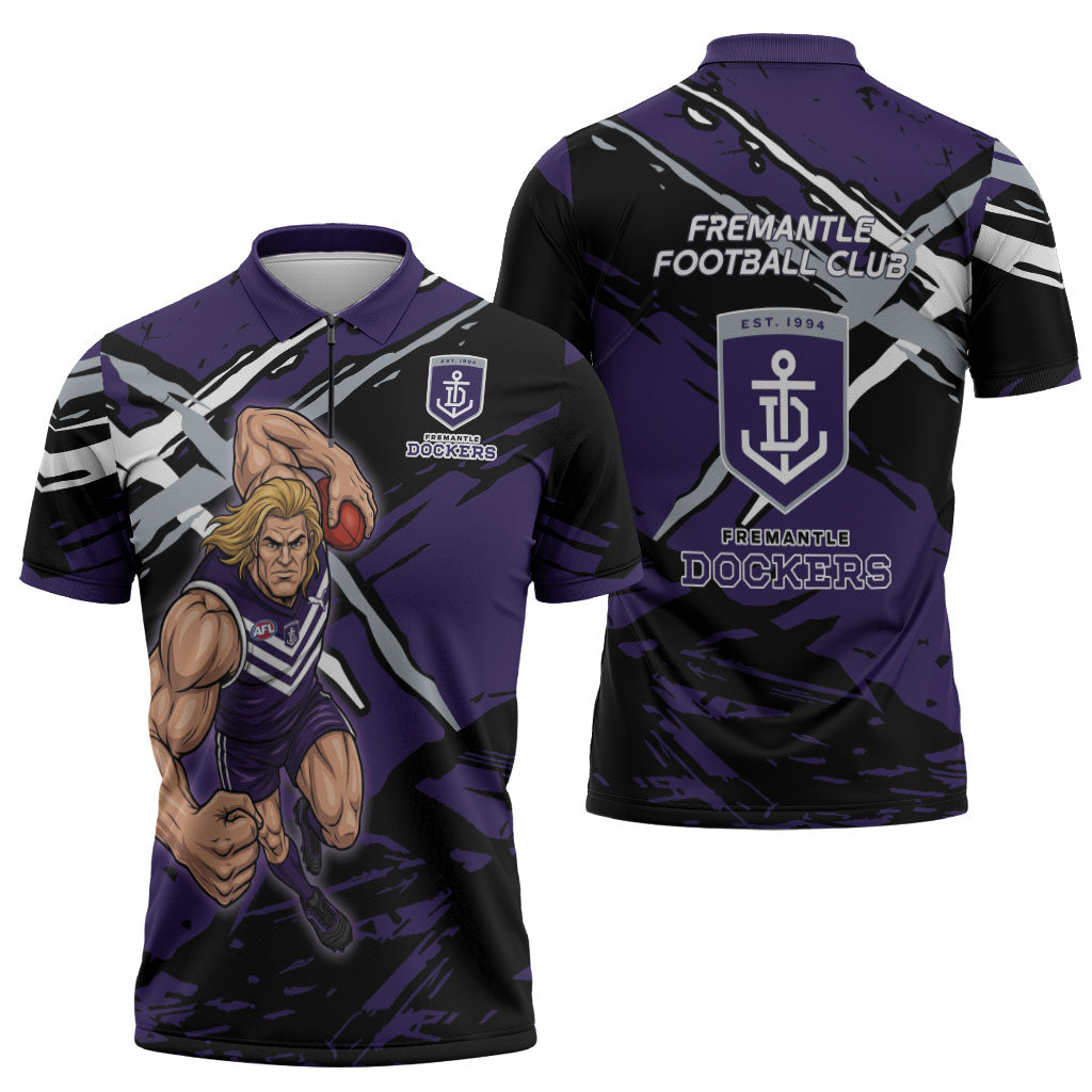 Fremantle Football Club Zipper Polo Shirt Dockers Muscular Mascot Graphic - Abstract Paint Splatter Art