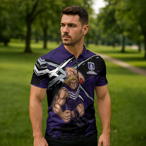 Fremantle Football Club Zipper Polo Shirt Dockers Muscular Mascot Graphic - Abstract Paint Splatter Art