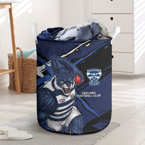 Geelong Football Club Laundry Basket Cats Muscular Mascot Graphic - Abstract Paint Splatter Art