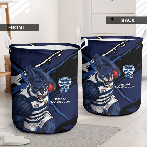 Geelong Football Club Laundry Basket Cats Muscular Mascot Graphic - Abstract Paint Splatter Art