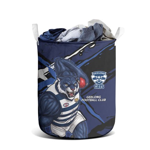 Geelong Football Club Laundry Basket Cats Muscular Mascot Graphic - Abstract Paint Splatter Art