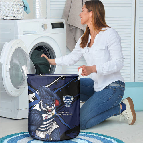 Geelong Football Club Laundry Basket Cats Muscular Mascot Graphic - Abstract Paint Splatter Art
