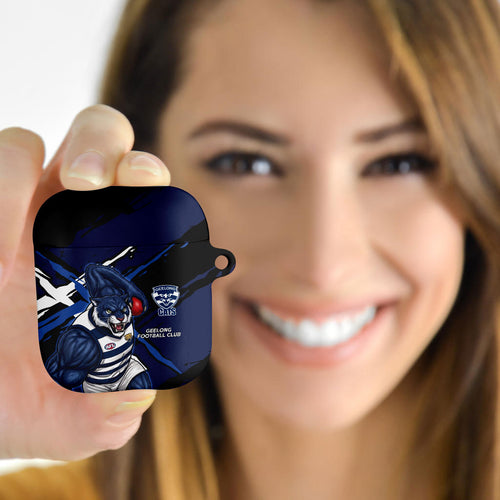 Geelong Football Club AirPods Case Cats Muscular Mascot Graphic - Abstract Paint Splatter Art