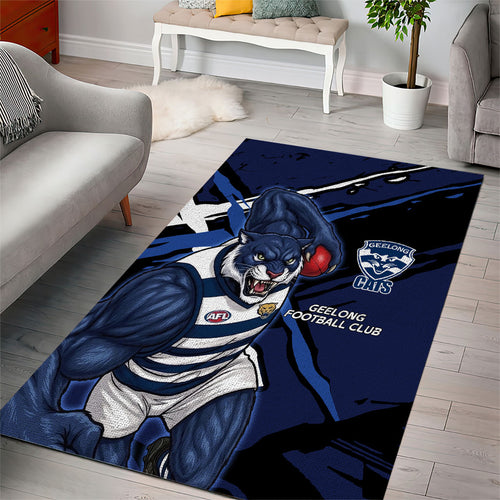 Geelong Football Club Area Rug Cats Muscular Mascot Graphic - Abstract Paint Splatter Art