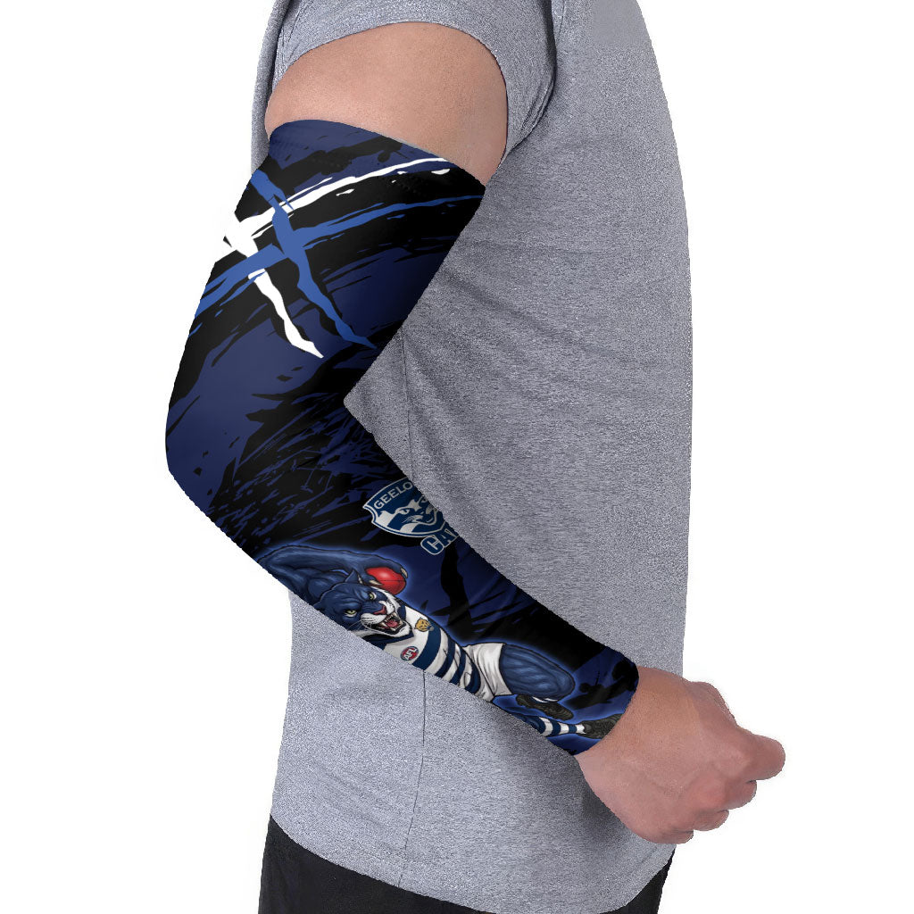 Geelong Football Club Arm Sleeves Cats Muscular Mascot Graphic - Abstract Paint Splatter Art
