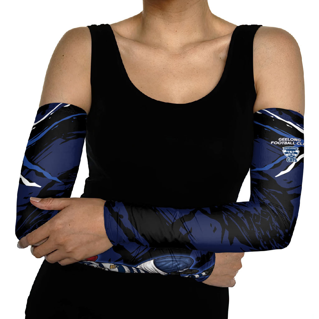 Geelong Football Club Arm Sleeves Cats Muscular Mascot Graphic - Abstract Paint Splatter Art