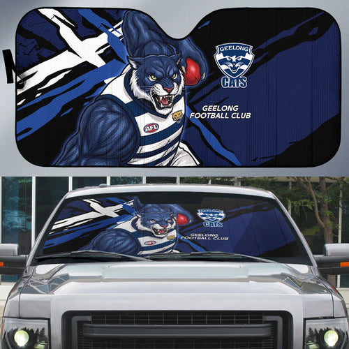 Geelong Football Club Auto Sun Shade Cats Muscular Mascot Graphic - Abstract Paint Splatter Art