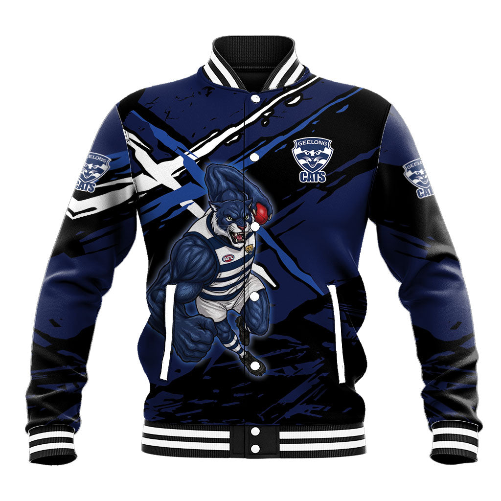 Geelong Football Club Baseball Jacket Cats Muscular Mascot Graphic - Abstract Paint Splatter Art