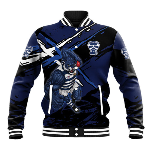 Geelong Football Club Baseball Jacket Cats Muscular Mascot Graphic - Abstract Paint Splatter Art
