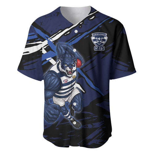 Geelong Football Club Baseball Jersey Cats Muscular Mascot Graphic - Abstract Paint Splatter Art