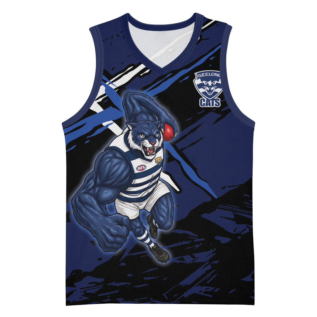 Geelong Football Club Basketball Jersey Cats Muscular Mascot Graphic - Abstract Paint Splatter Art