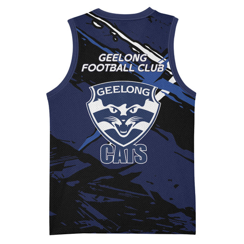 Geelong Football Club Basketball Jersey Cats Muscular Mascot Graphic - Abstract Paint Splatter Art