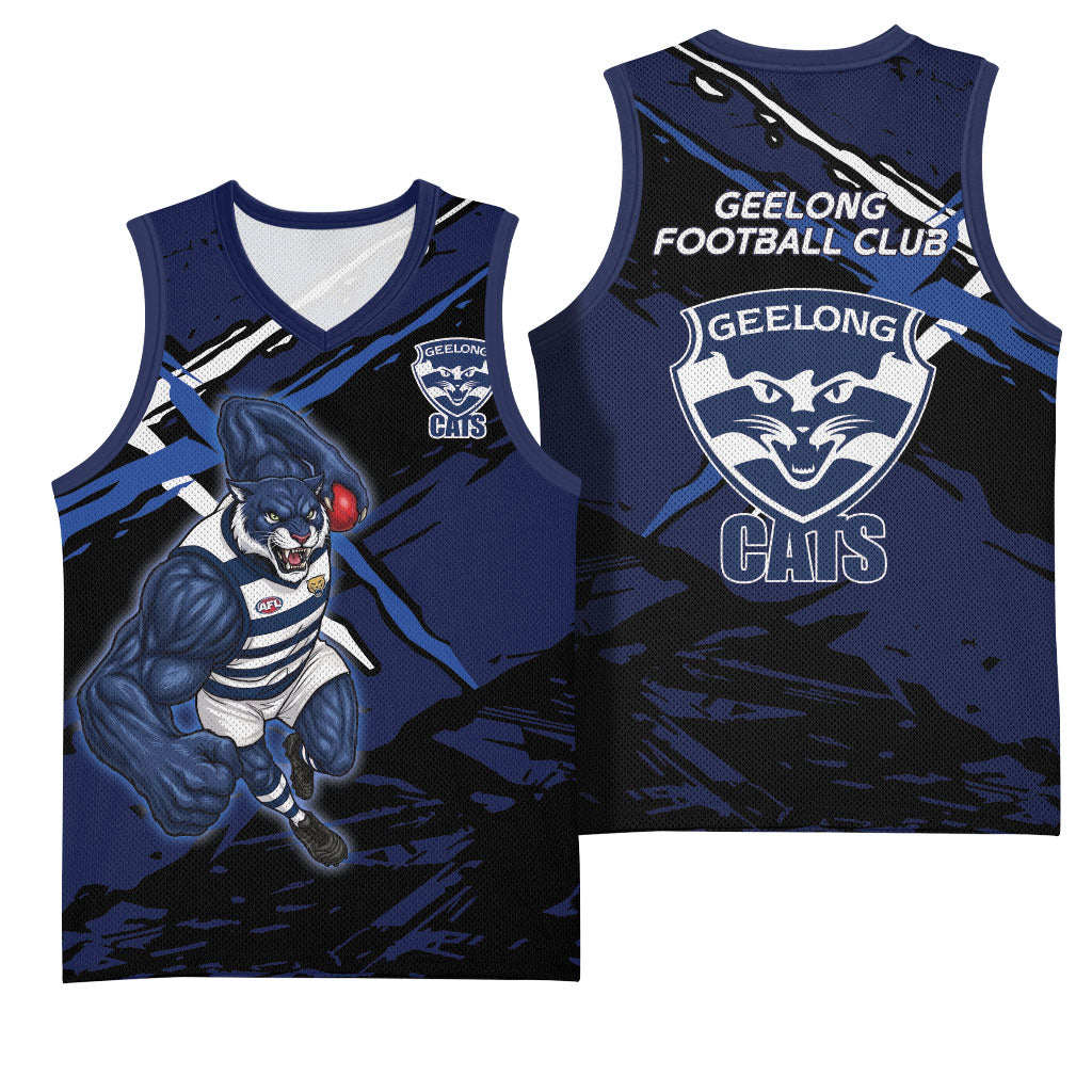 Geelong Football Club Basketball Jersey Cats Muscular Mascot Graphic - Abstract Paint Splatter Art