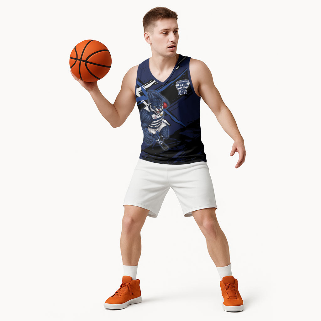 Geelong Football Club Basketball Jersey Cats Muscular Mascot Graphic - Abstract Paint Splatter Art