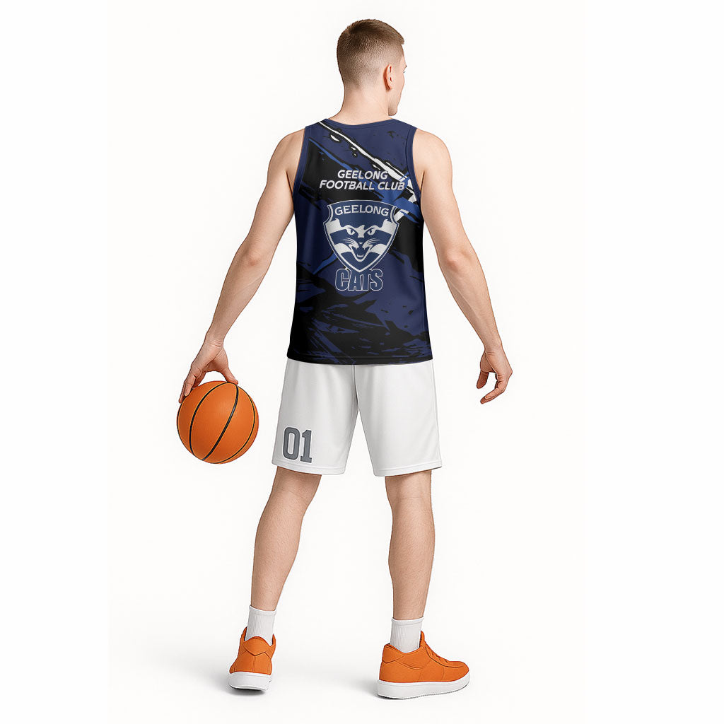 Geelong Football Club Basketball Jersey Cats Muscular Mascot Graphic - Abstract Paint Splatter Art