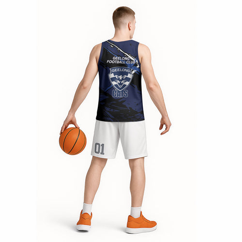 Geelong Football Club Basketball Jersey Cats Muscular Mascot Graphic - Abstract Paint Splatter Art