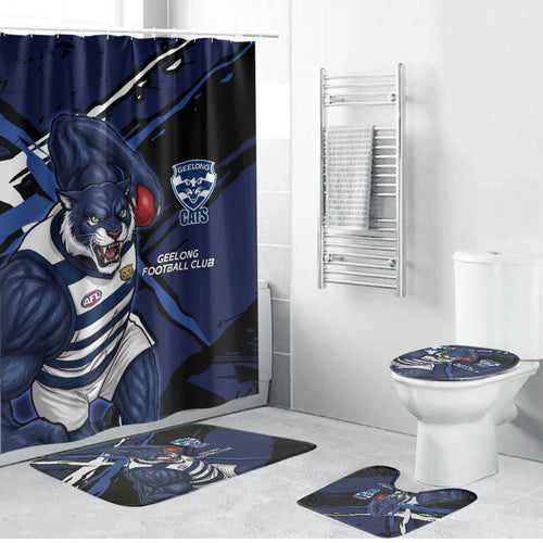 Geelong Football Club Bathroom Set Cats Muscular Mascot Graphic - Abstract Paint Splatter Art