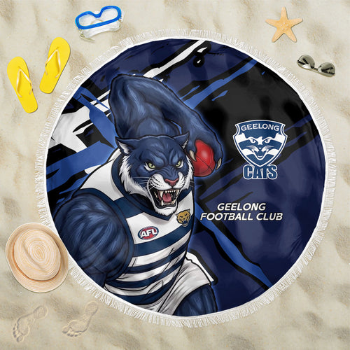 Geelong Football Club Beach Blanket Cats Muscular Mascot Graphic - Abstract Paint Splatter Art