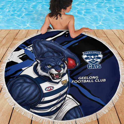 Geelong Football Club Beach Blanket Cats Muscular Mascot Graphic - Abstract Paint Splatter Art