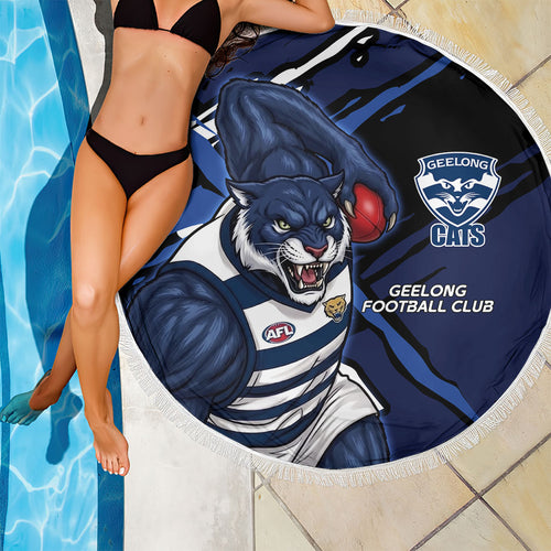 Geelong Football Club Beach Blanket Cats Muscular Mascot Graphic - Abstract Paint Splatter Art
