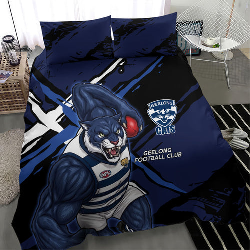 Geelong Football Club Bedding Set Cats Muscular Mascot Graphic - Abstract Paint Splatter Art