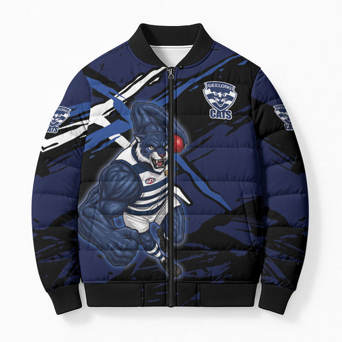 Geelong Football Club Bomber Puffer Jacket Cats Muscular Mascot Graphic - Abstract Paint Splatter Art
