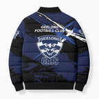 Geelong Football Club Bomber Puffer Jacket Cats Muscular Mascot Graphic - Abstract Paint Splatter Art