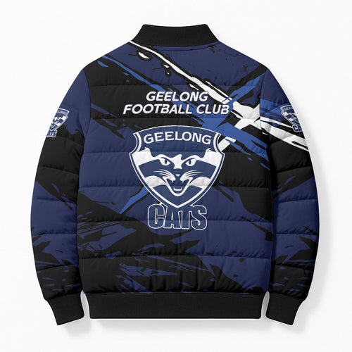 Geelong Football Club Bomber Puffer Jacket Cats Muscular Mascot Graphic - Abstract Paint Splatter Art