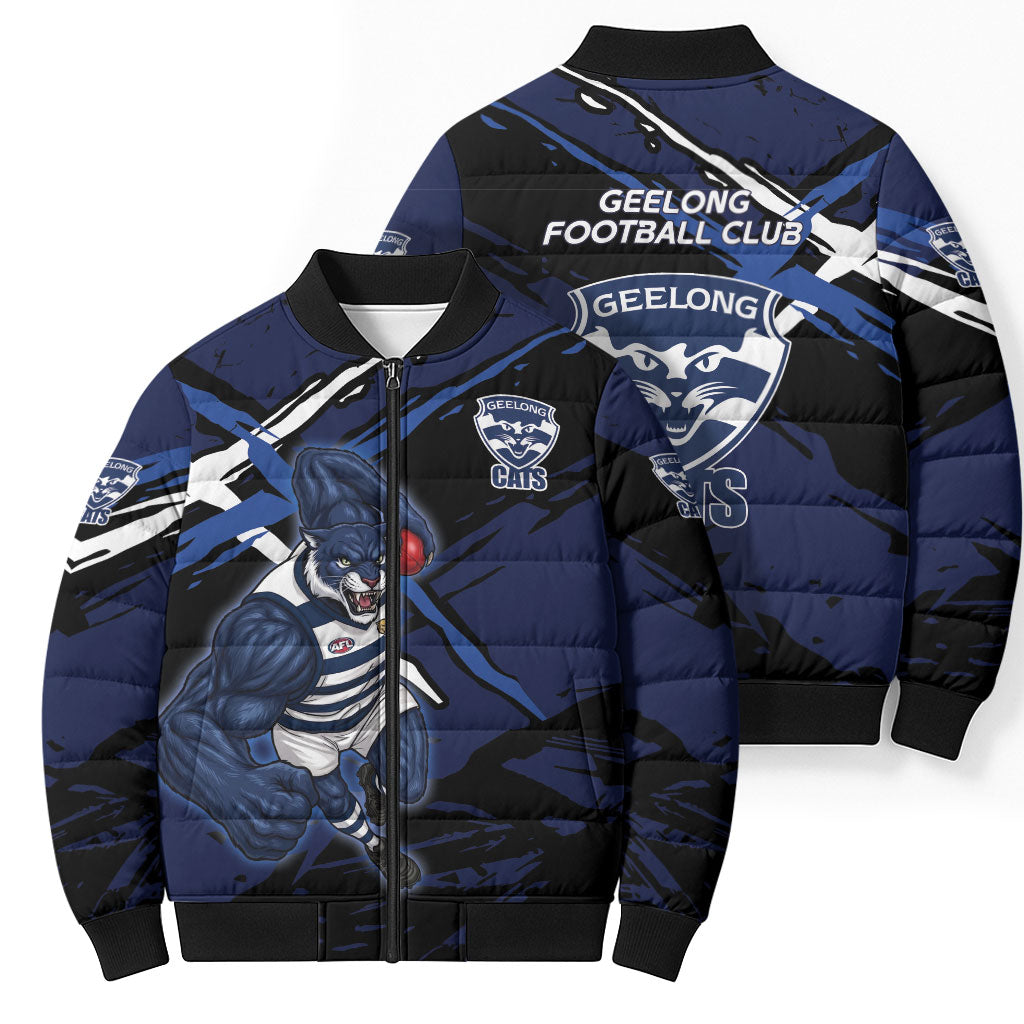 Geelong Football Club Bomber Puffer Jacket Cats Muscular Mascot Graphic - Abstract Paint Splatter Art