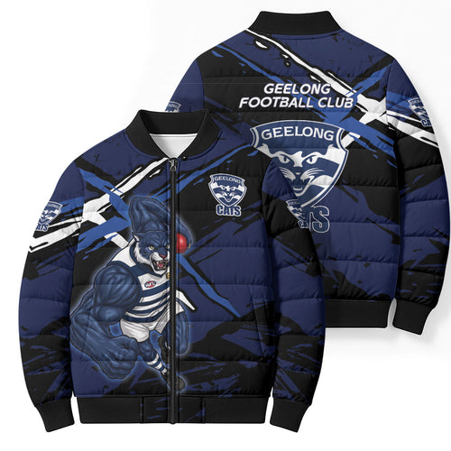 Geelong Football Club Bomber Puffer Jacket Cats Muscular Mascot Graphic - Abstract Paint Splatter Art