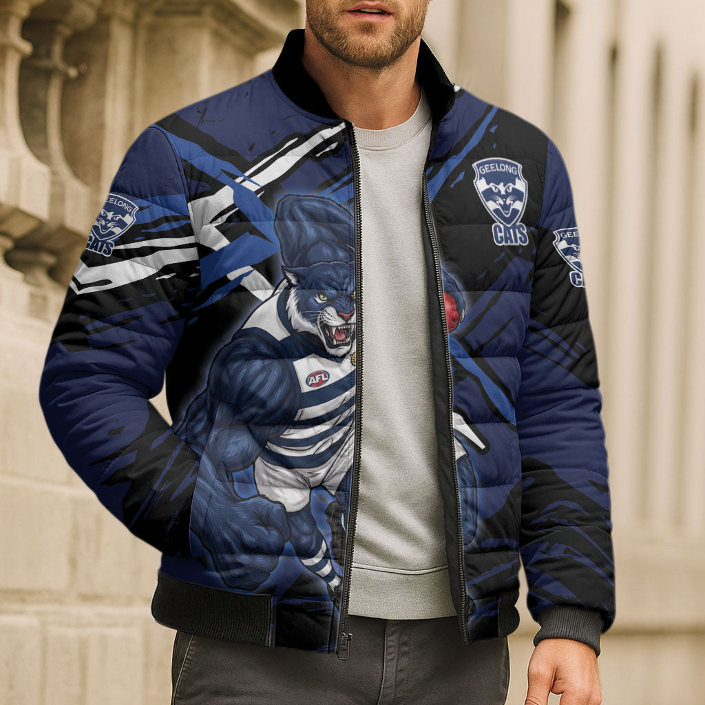 Geelong Football Club Bomber Puffer Jacket Cats Muscular Mascot Graphic - Abstract Paint Splatter Art
