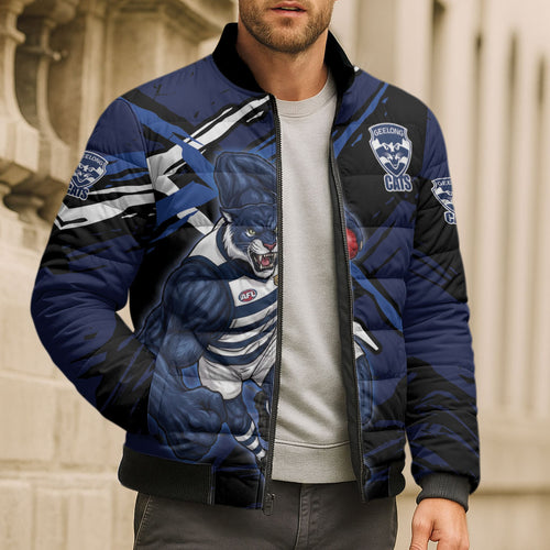 Geelong Football Club Bomber Puffer Jacket Cats Muscular Mascot Graphic - Abstract Paint Splatter Art