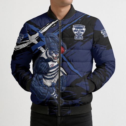Geelong Football Club Bomber Puffer Jacket Cats Muscular Mascot Graphic - Abstract Paint Splatter Art