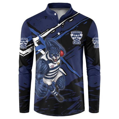 Geelong Football Club Button Sweatshirt Cats Muscular Mascot Graphic - Abstract Paint Splatter Art